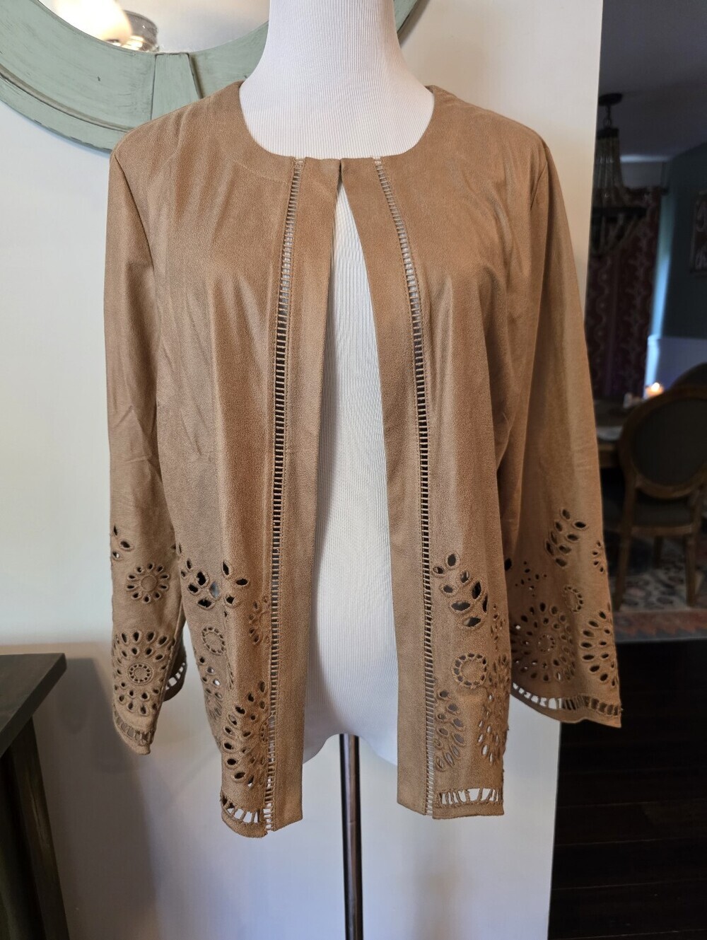 Chico's Size 2 (Large) Faux Suede Boho Lasercut Camel Jacket New w/ Tags
